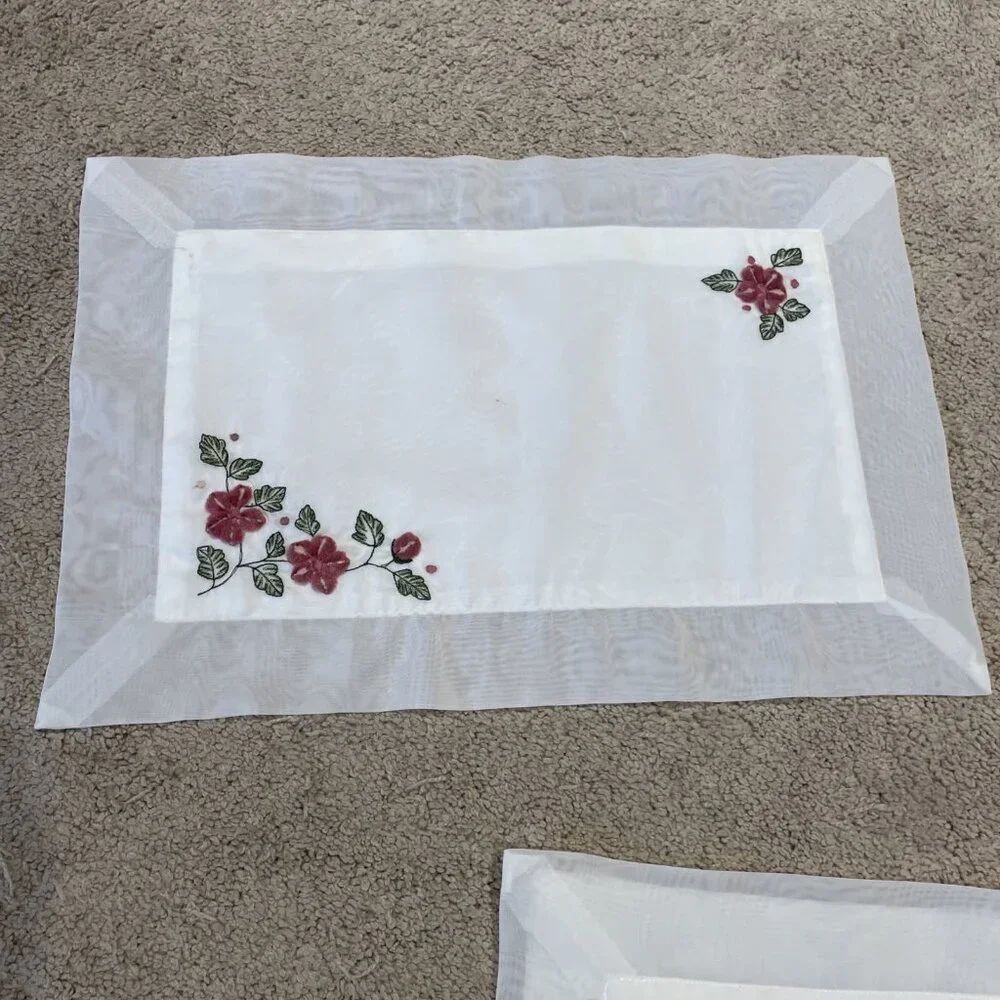 Vintage Embroidered Floral Placemats Sheer White w/ Pink Tufted Roses Set of 4
